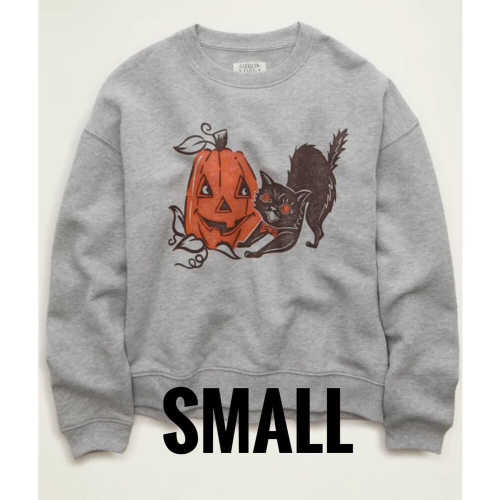 American Eagle Halloween Black Cat Sweater | Fleece Pumpkin Spooky Graphic Small